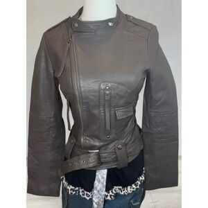Y2K grey moto biker jacket belted fitted leather style Claudia Quigelazzi